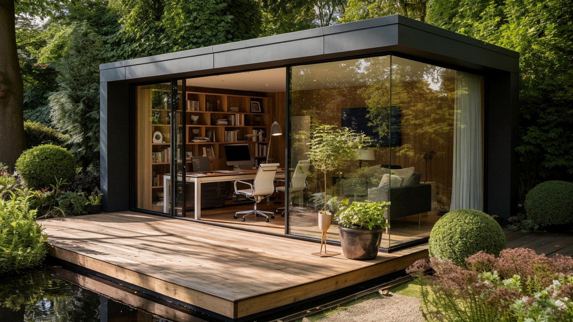 Cedar-clad SIP garden room at golden hour with full-height glazing